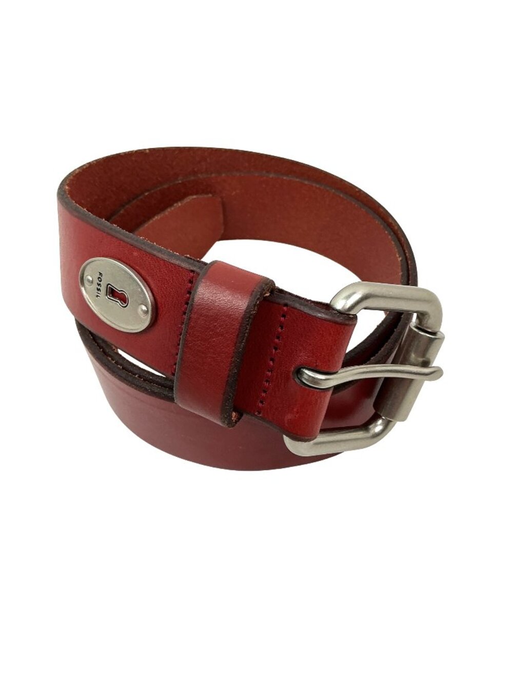 New Fossil Genuine Leather Belt  0811 Silver-Tone Roller Buckle Mens Medium Red